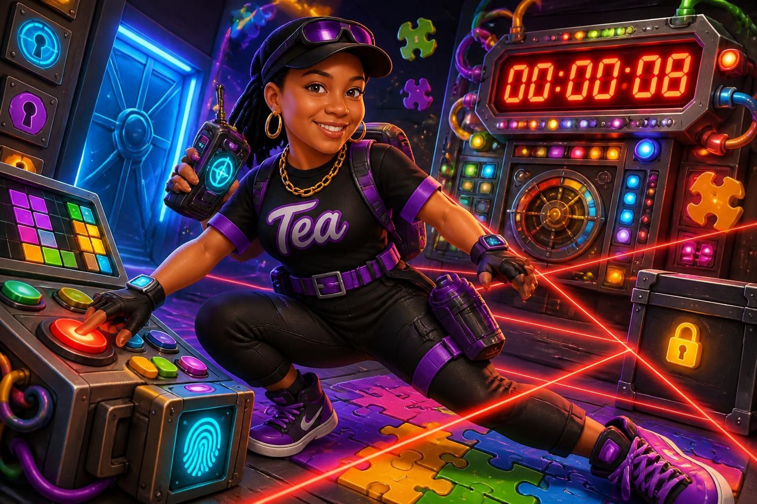 The same guest transformed by the AI Photo Booth into a colorful secret-agent escape-room character