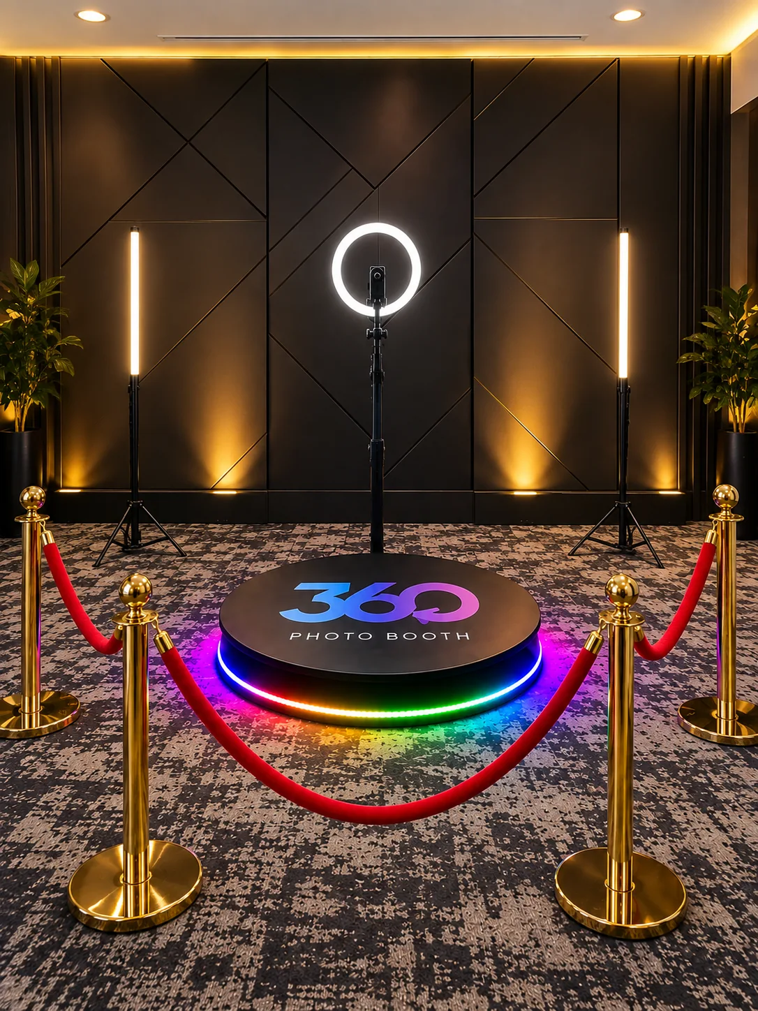 CrafTea Details 360 video photo booth setup with lighting and red carpet stanchions