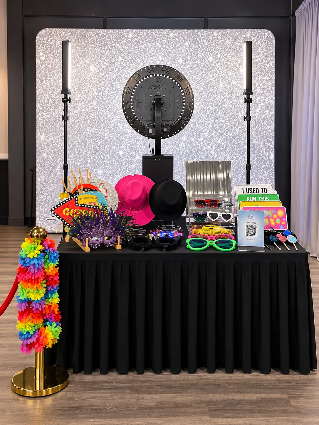 Complete CrafTea Details Digital Photo Booth setup with illuminated backdrop, lighting, props and stanchions