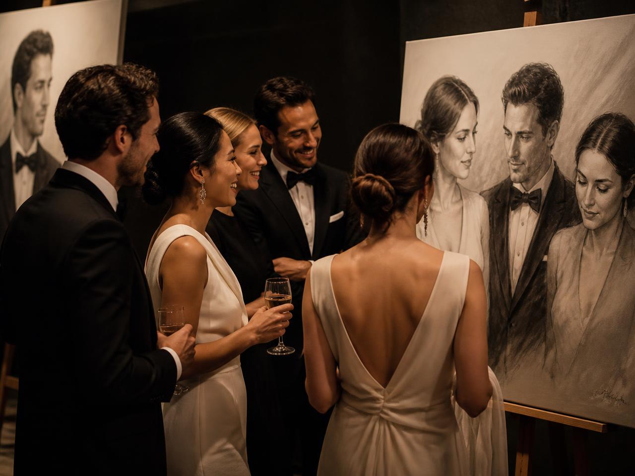Guests at an evening Houston event admiring AI transformed portraits together