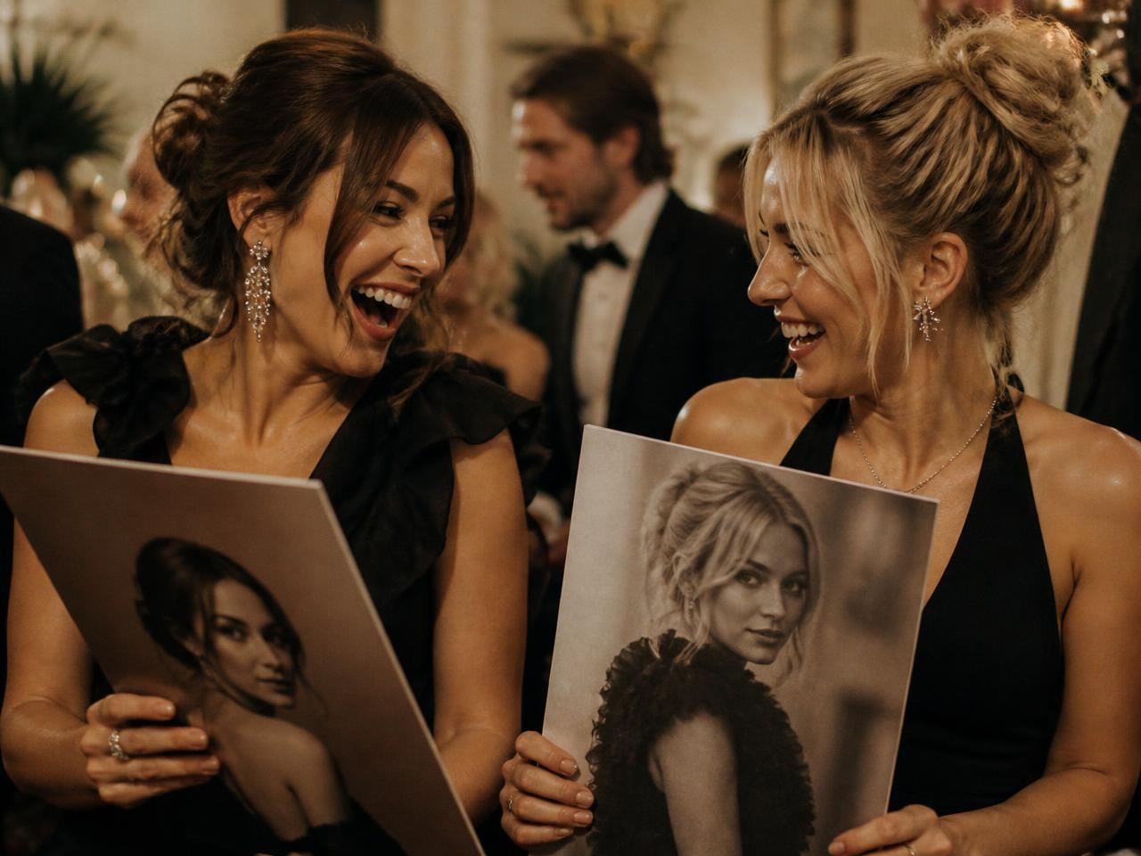 Two guests laughing as they compare their AI photo booth transformations at a Houston celebration