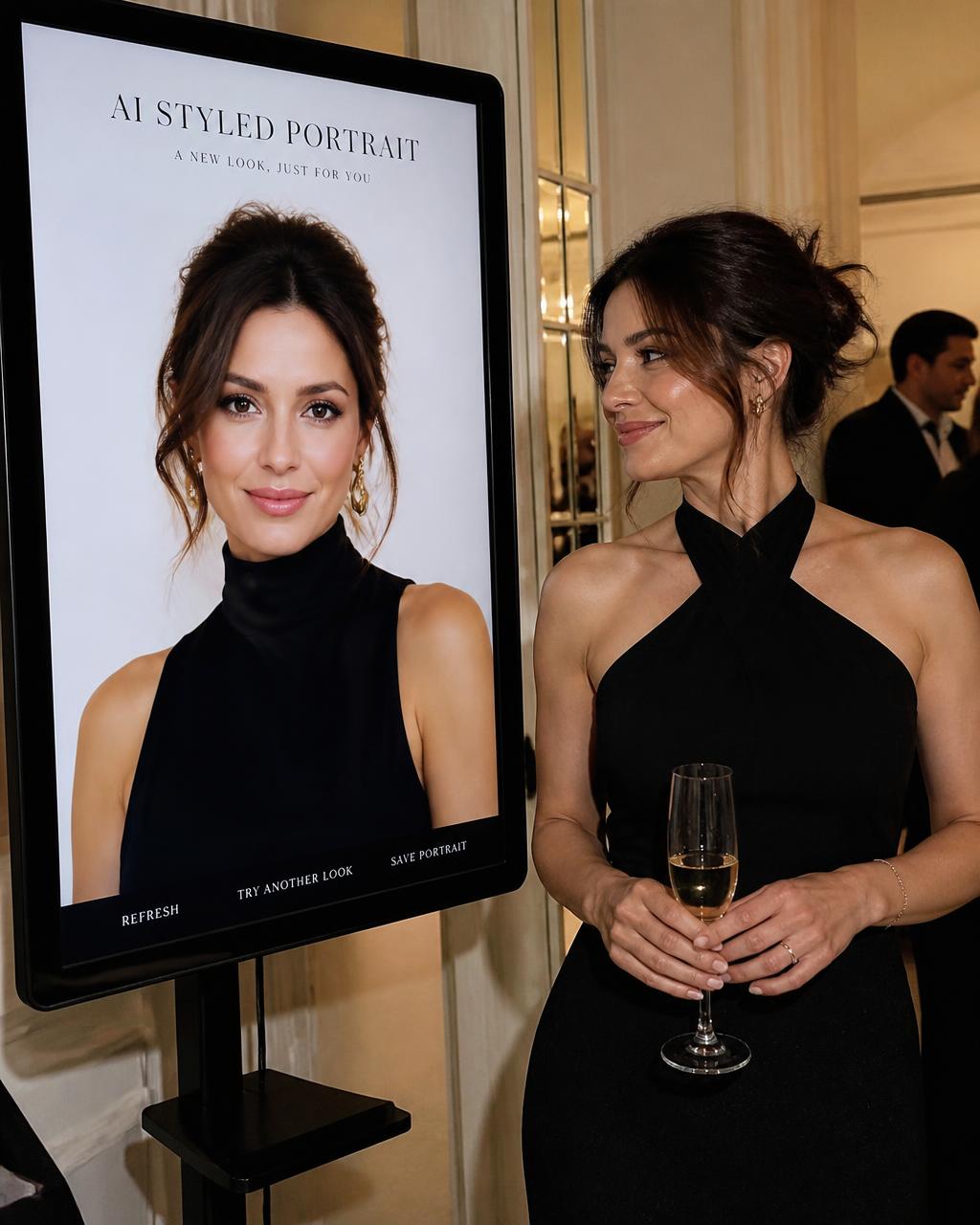 Guest holding an illustrated AI portrait transformation created at a Houston event