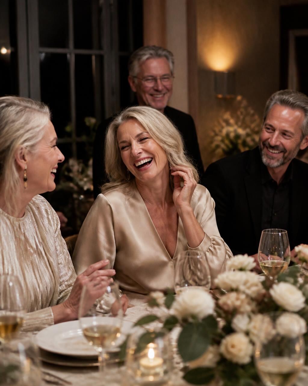Friends laughing together at a milestone birthday celebration in Houston