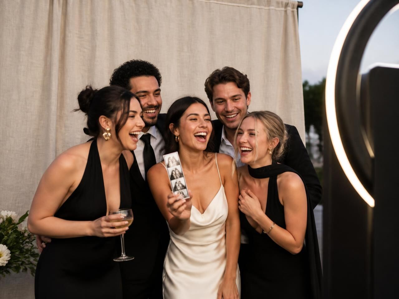 Friends laughing together with a photo strip beside a CrafTea Details photo booth at a Houston celebration