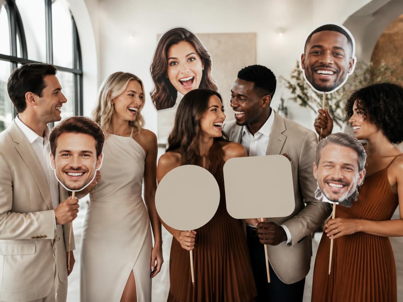 Party guests holding custom big head props at a CrafTea Details photo experience