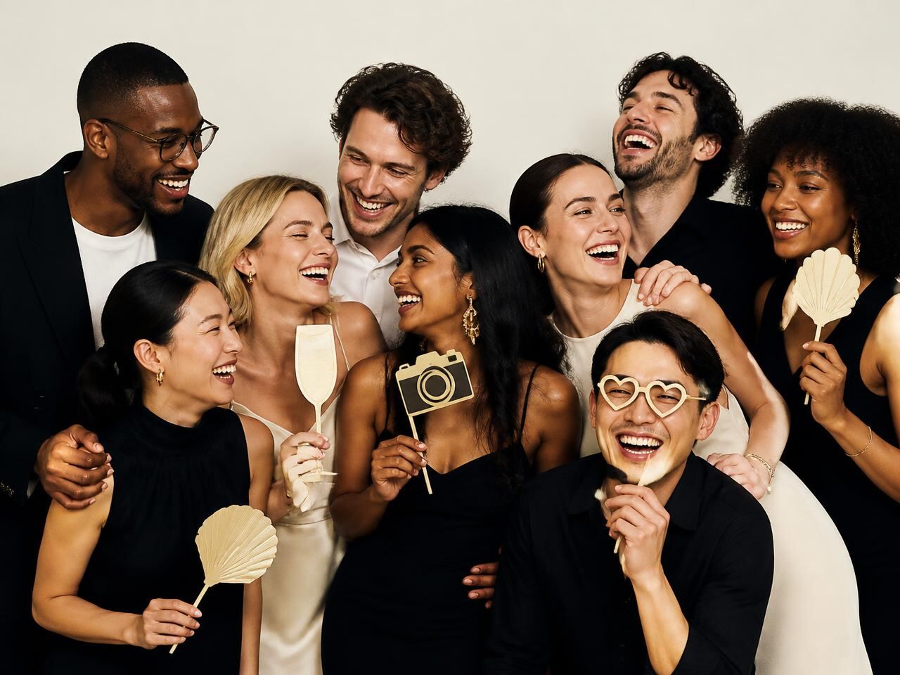 Joyful group of guests laughing with photo props in front of a CrafTea Details photo booth backdrop in Houston