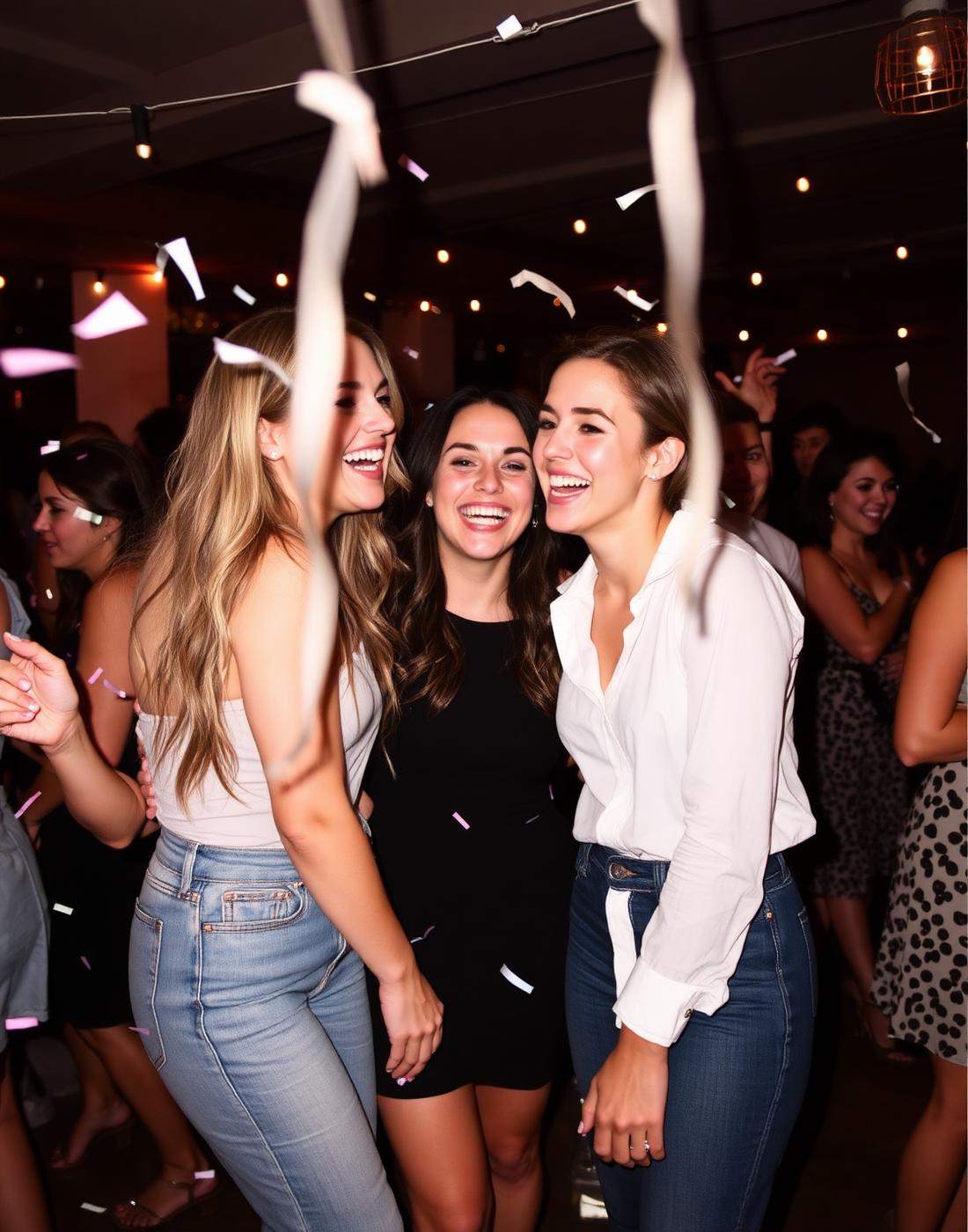 Friends dancing and laughing together at a Houston birthday celebration