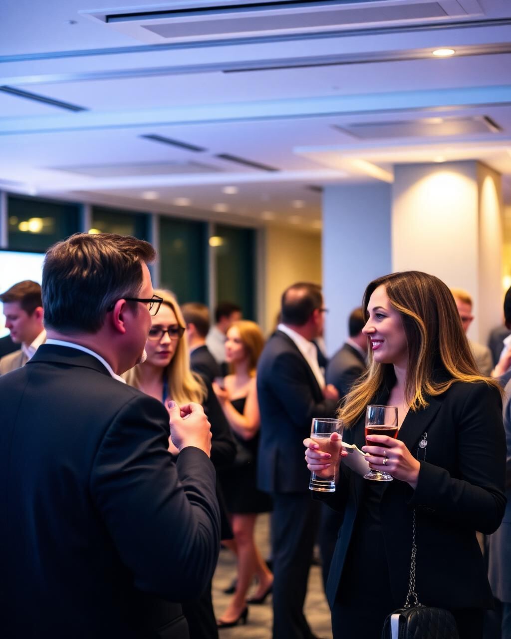 Business professionals networking with drinks during a Houston conference reception