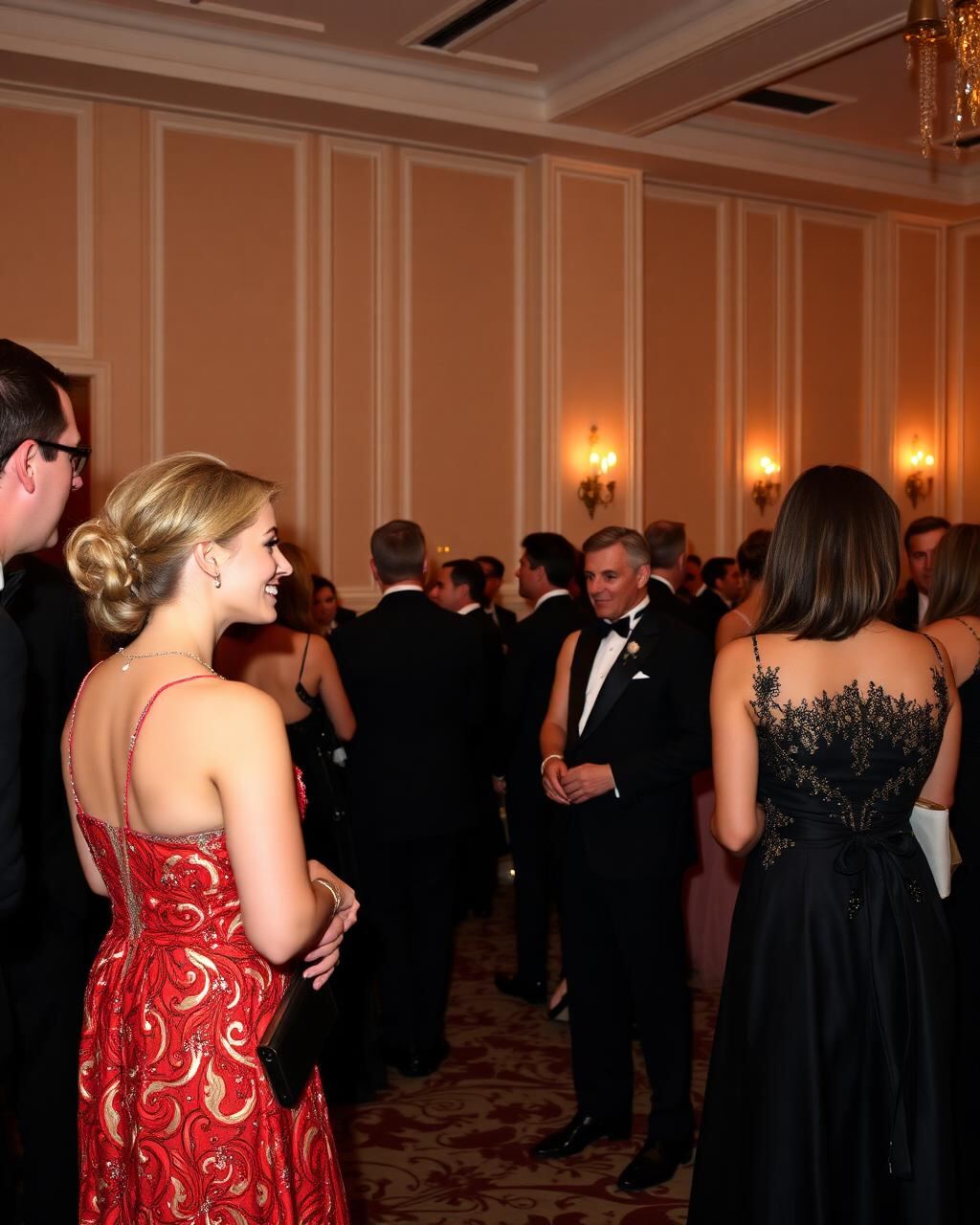 Guests in formalwear mingling at an upscale corporate awards gala ballroom