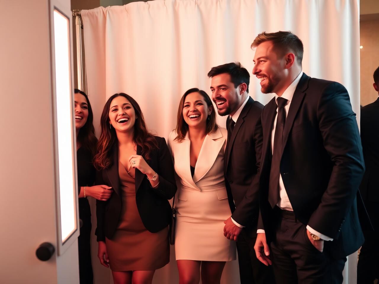 Professionals posing together at a branded corporate photo activation in downtown Houston