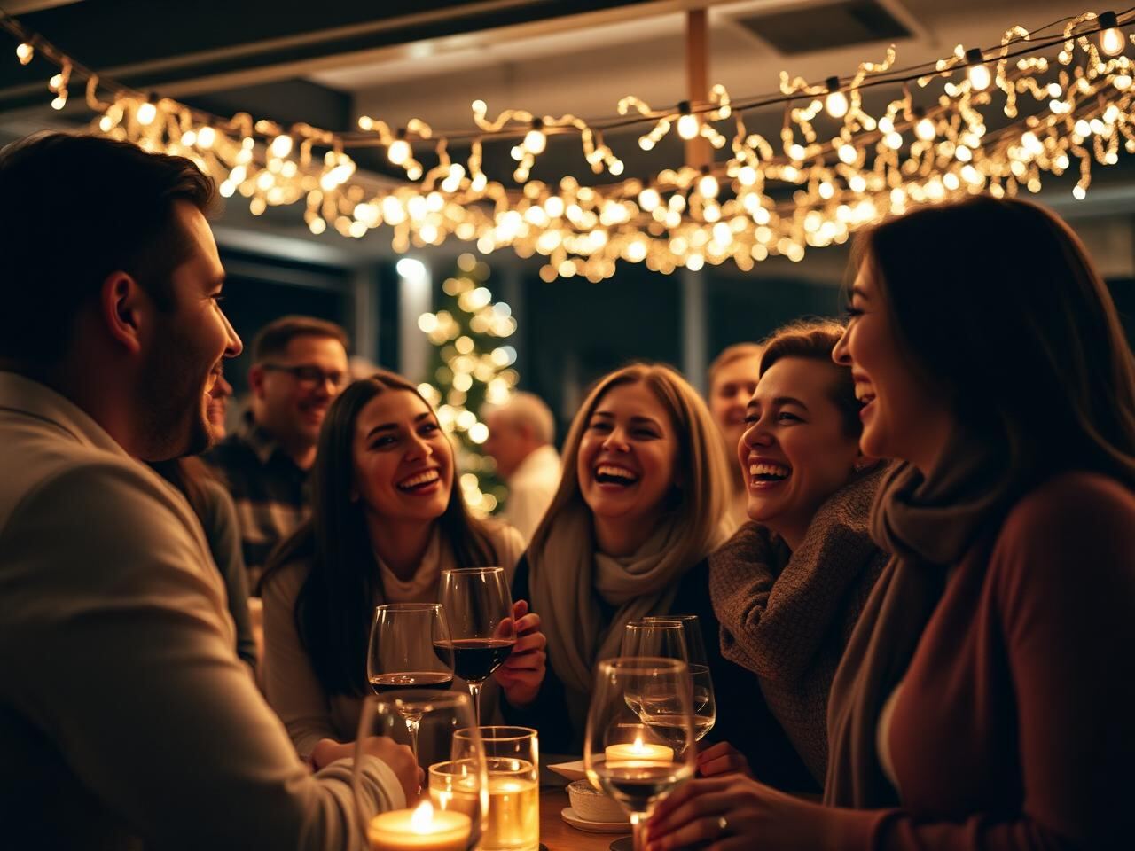 Coworkers laughing together under string lights at a company holiday party