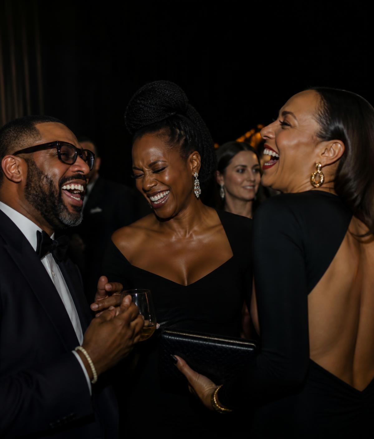 Guests laughing together at a Greater Houston celebration