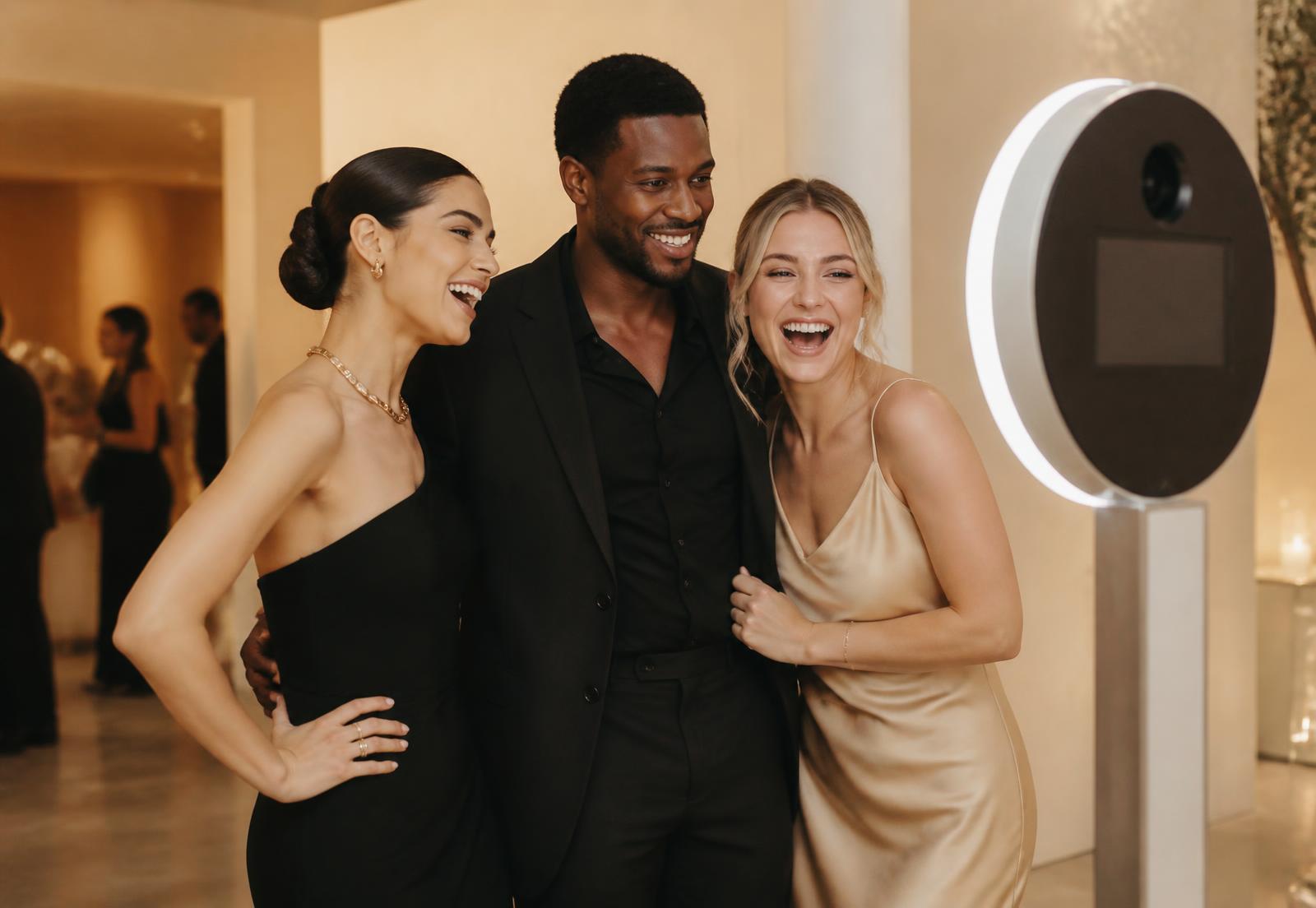 Guests using a digital photo booth tablet experience and sharing photos instantly at a corporate event