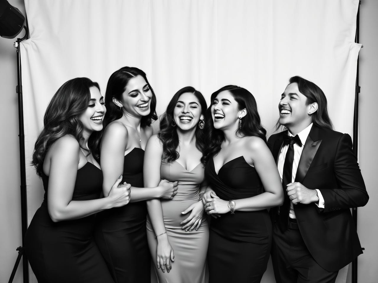 Group of guests laughing together in a black-and-white Glam Photo Booth photo