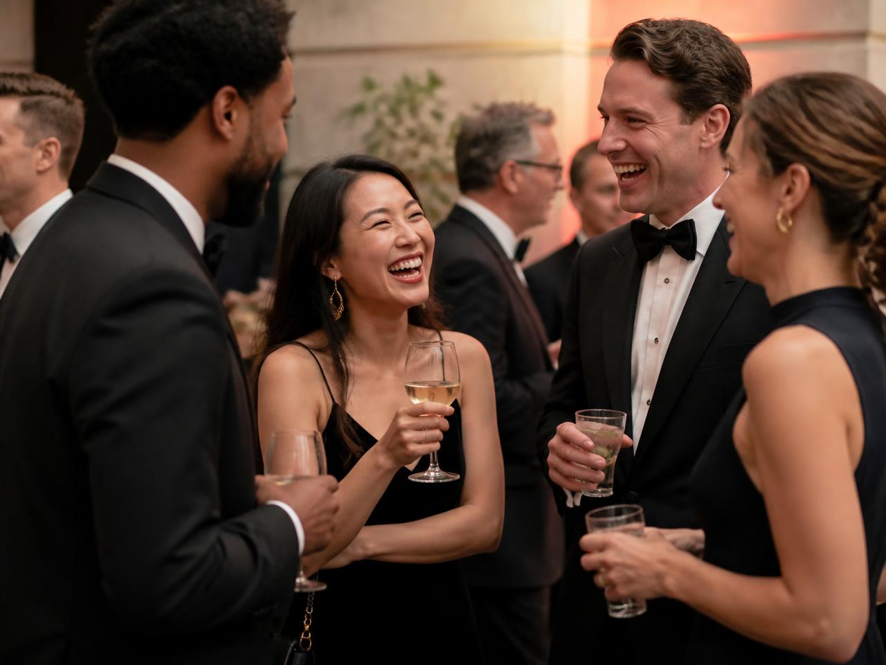 Roaming photographer capturing wedding guests laughing together during cocktail hour