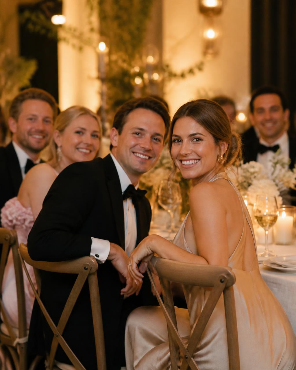 Guests at a reception table smiling as a roaming photographer captures them