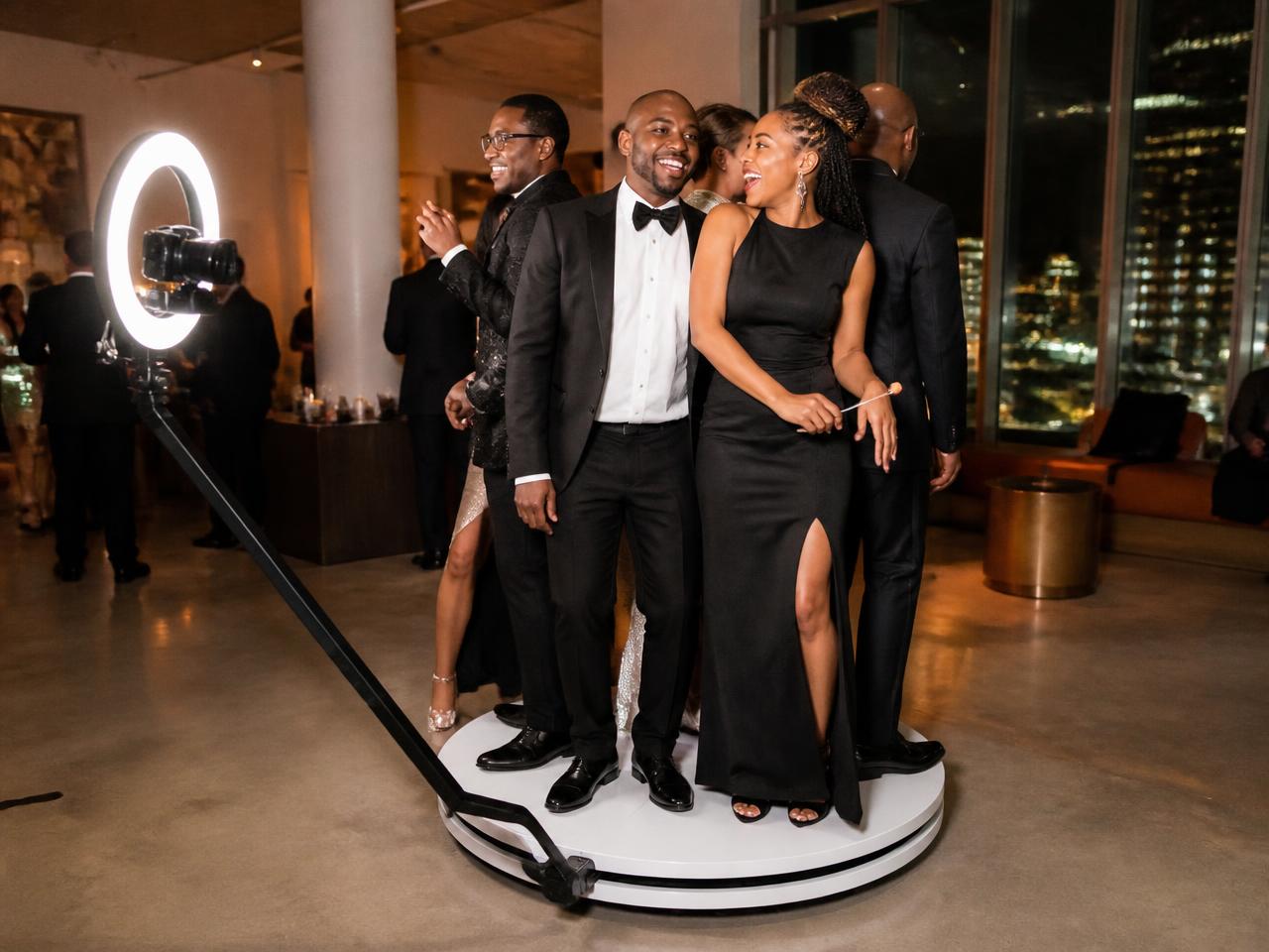Guests enjoying the CrafTea Details 360 video booth at an evening event in Houston