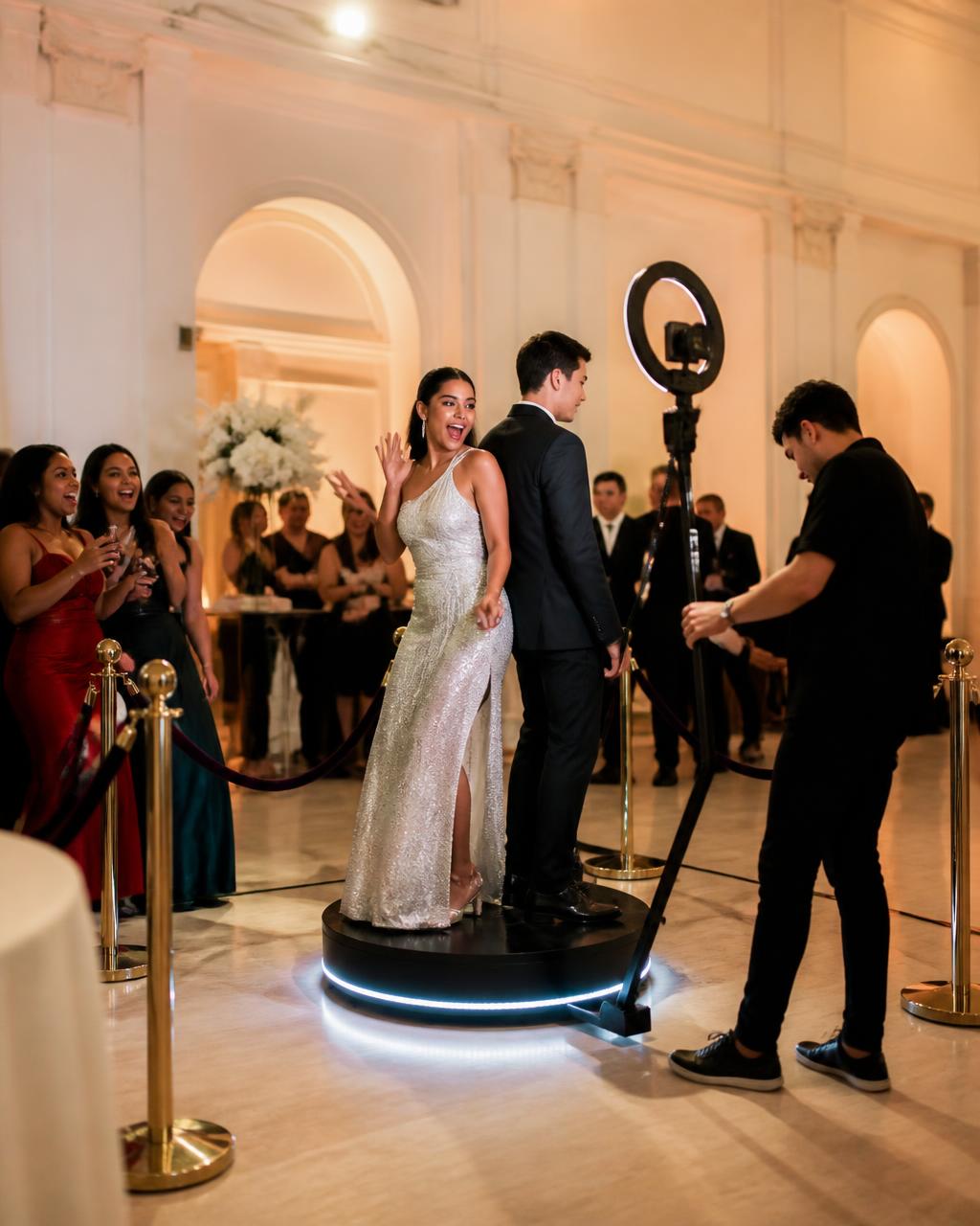 360 booth attendant assisting guests on the platform at a Houston wedding reception