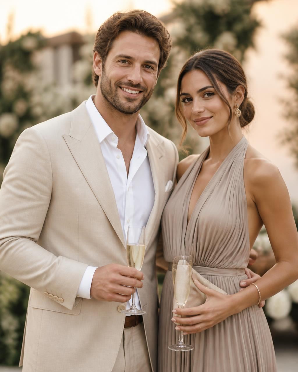 Two wedding guests posing together with champagne during cocktail hour at a Greater Houston wedding