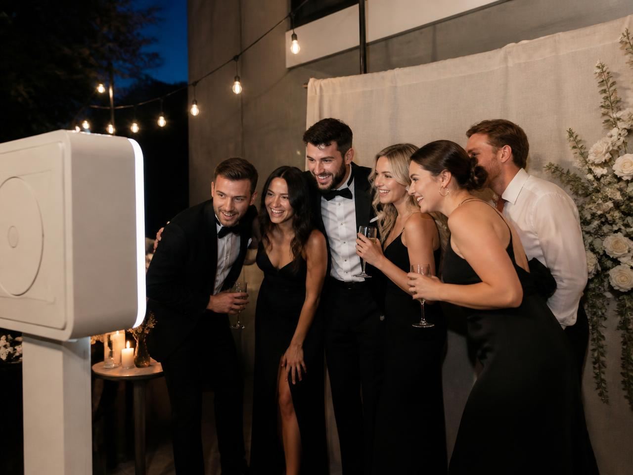 Wedding guests in formalwear laughing together while using a CrafTea Details photo experience at a Houston reception