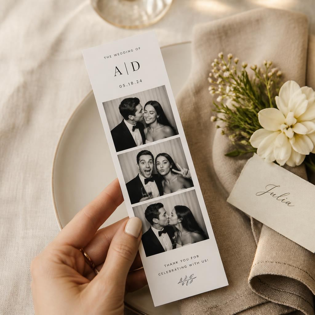 Hand holding a printed black-and-white wedding photo booth keepsake strip beside a place setting