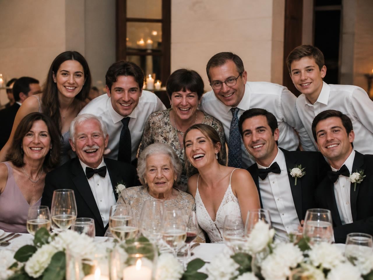 Wedding guests and family squeezing together for a group photo at a candlelit reception table
