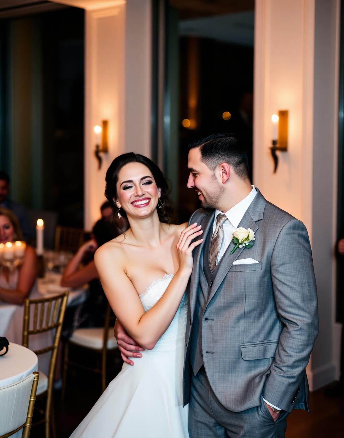 Newlyweds laughing together during a Houston wedding reception with a CrafTea Details photo experience